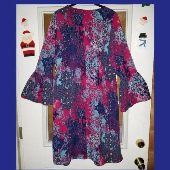 Roaman's Multi Print Flare Bell Sleeve Dress - Picture 3 of 3